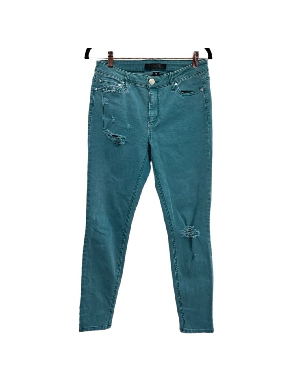 Tinseltown Denim Couture Distressed Teal Stretch Skinny Jeans Size 28